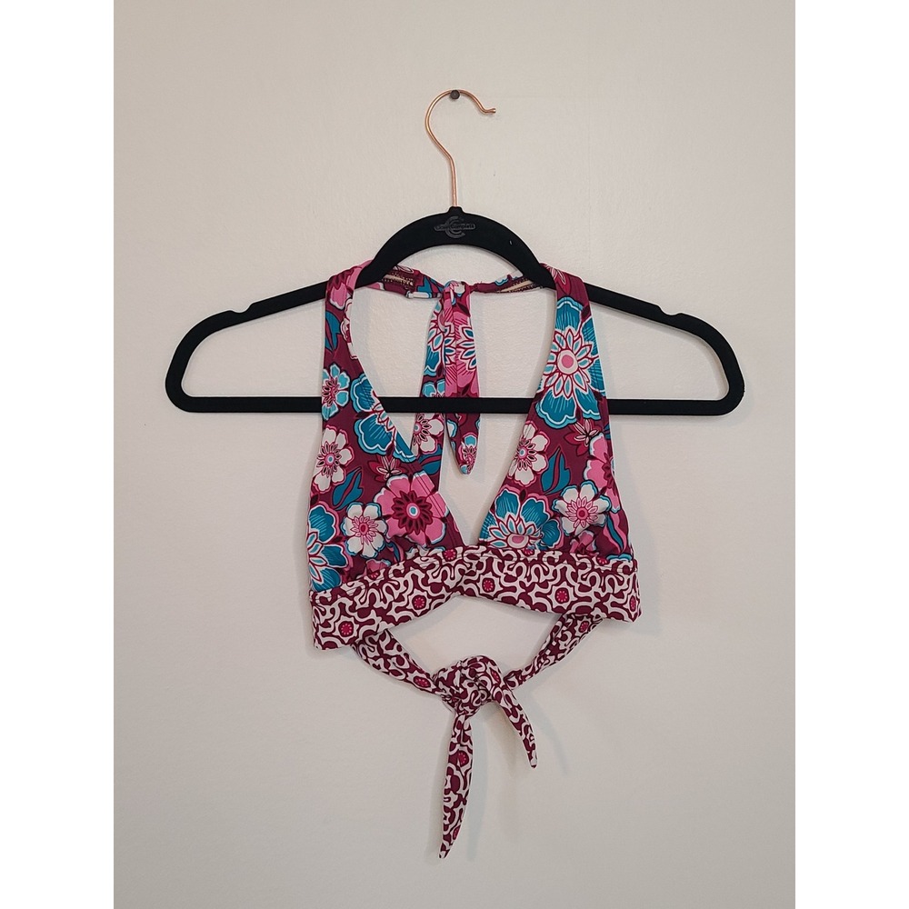 Kim Rogers Swim Bikini Halter Tie Top Size S Floral Purple Blue